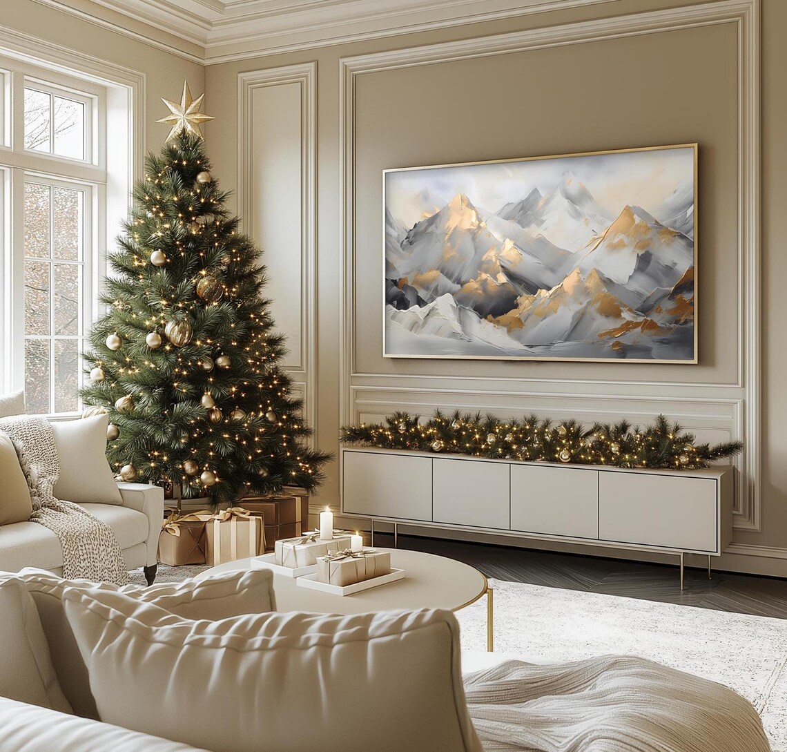 Winter Abstract Art Print, Modern Gold Frame TV - Image 2