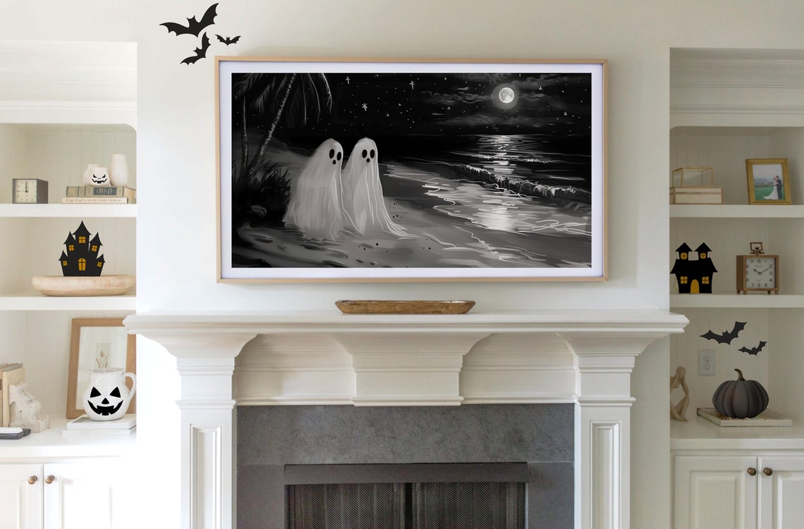 Two Ghosts On Moonlit Beach Black And White Haunted Coastal Poster - Image 3