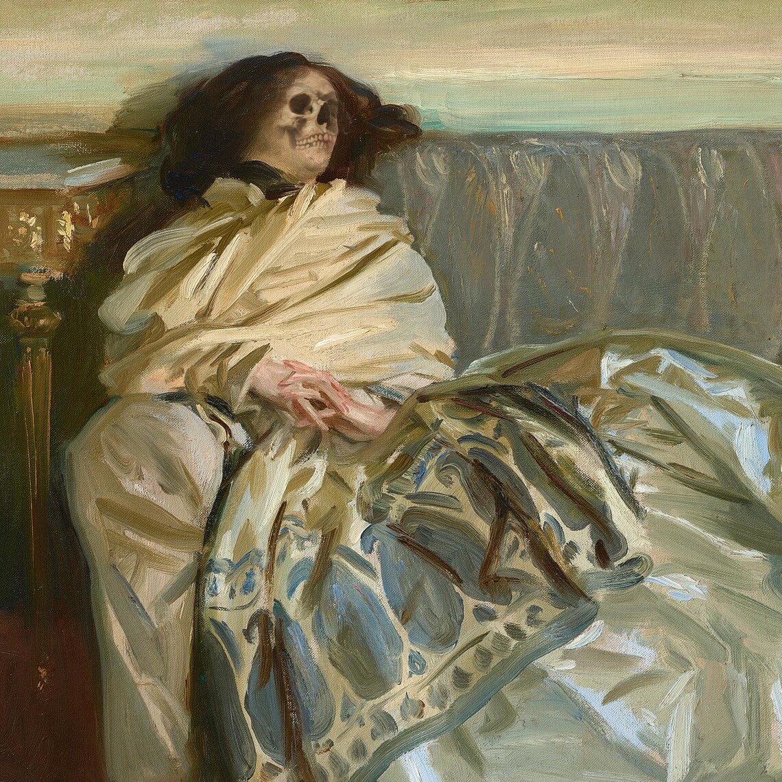 Reclining Woman Skull Face Vintage Oil Painting Dark Elegant Poster - Image 2