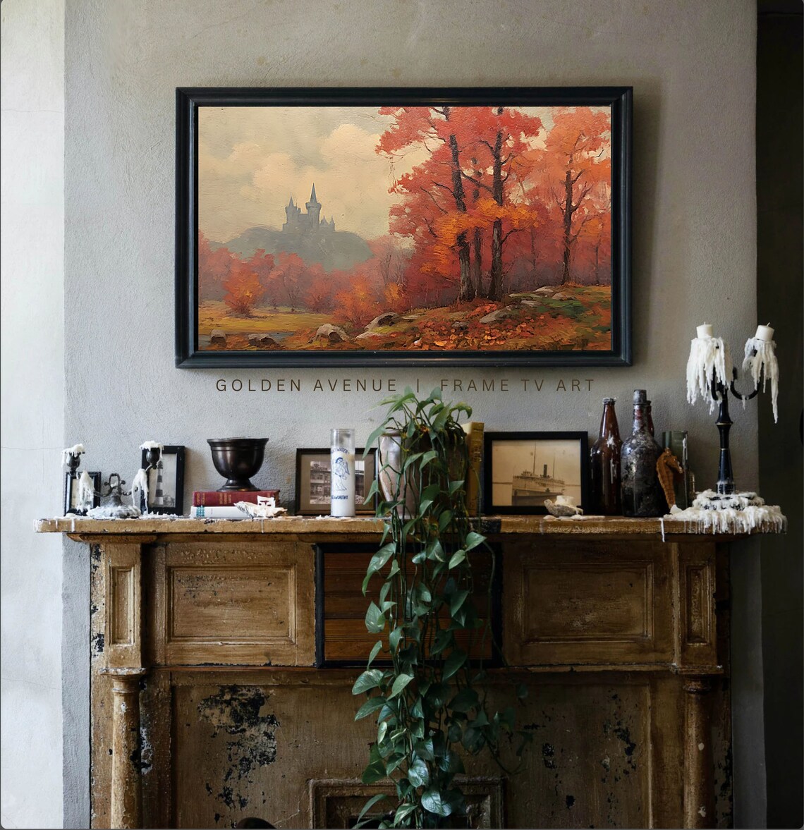 Vintage Autumn Red Trees Castle Hill Fall Landscape Painting Poster - Image 2