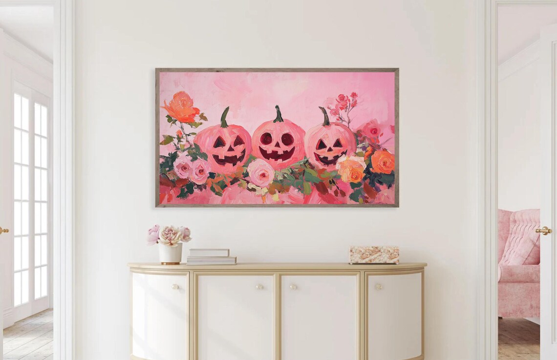 Halloween Pink Pumpkins Cute Floral Art Print - Image 3