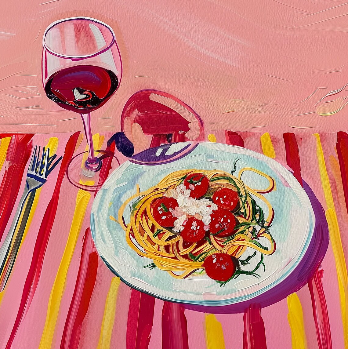 Colorful Spaghetti and Wine Still Life Art Print - Image 2