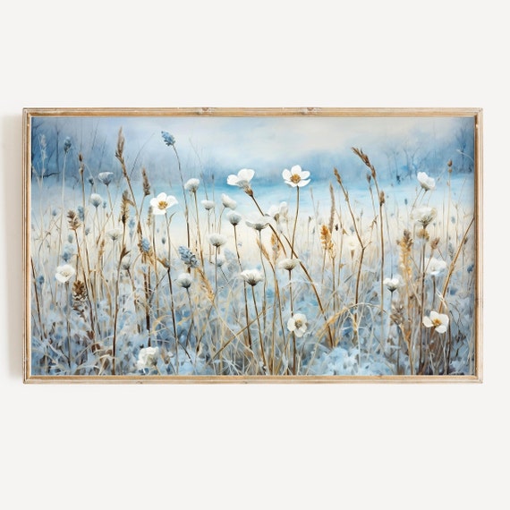 Winter Wildflowers Art Print, Blue Decor