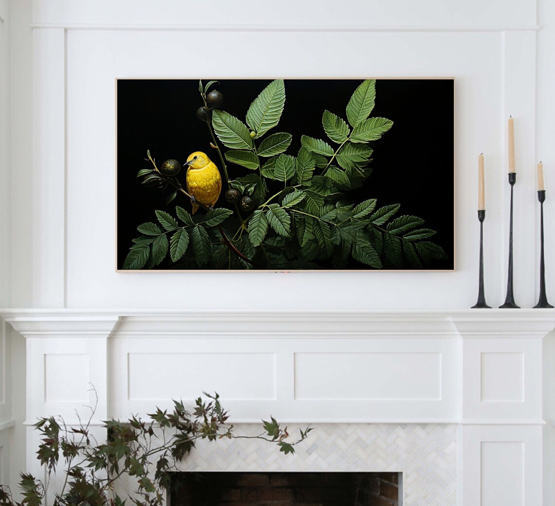 Yellow Songbird On Branch Dark Moody Botanical Painting Poster - Image 4