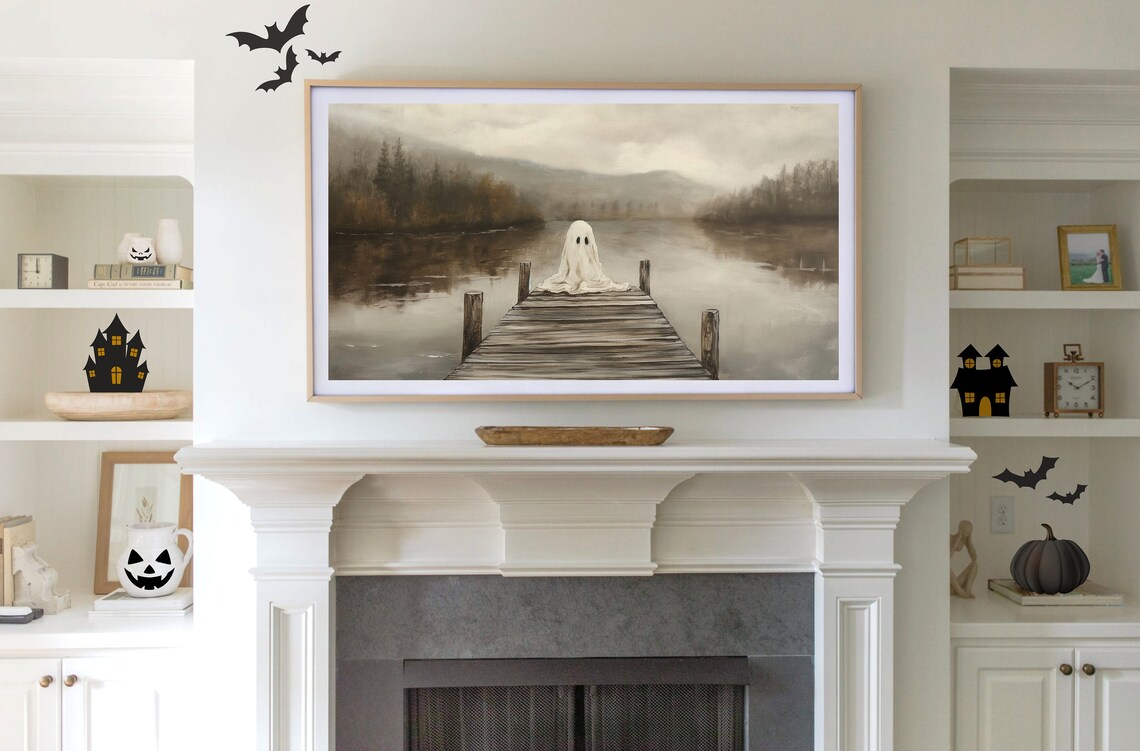 Halloween Ghost Art, Neutral Fall Lake Landscape - Image 3