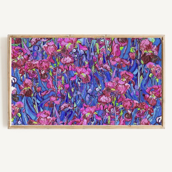 Vibrant Magenta Iris Flowers Impasto Floral Garden Painting Poster