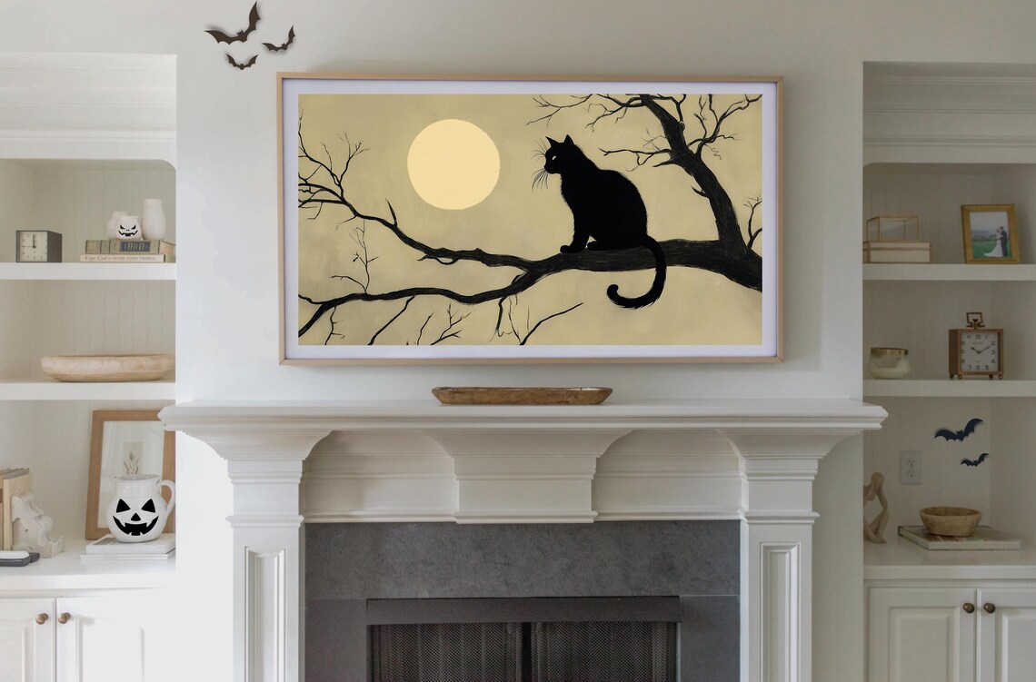 Black Cat Silhouette On Bare Branch Full Moon Vintage Halloween Poster - Image 3