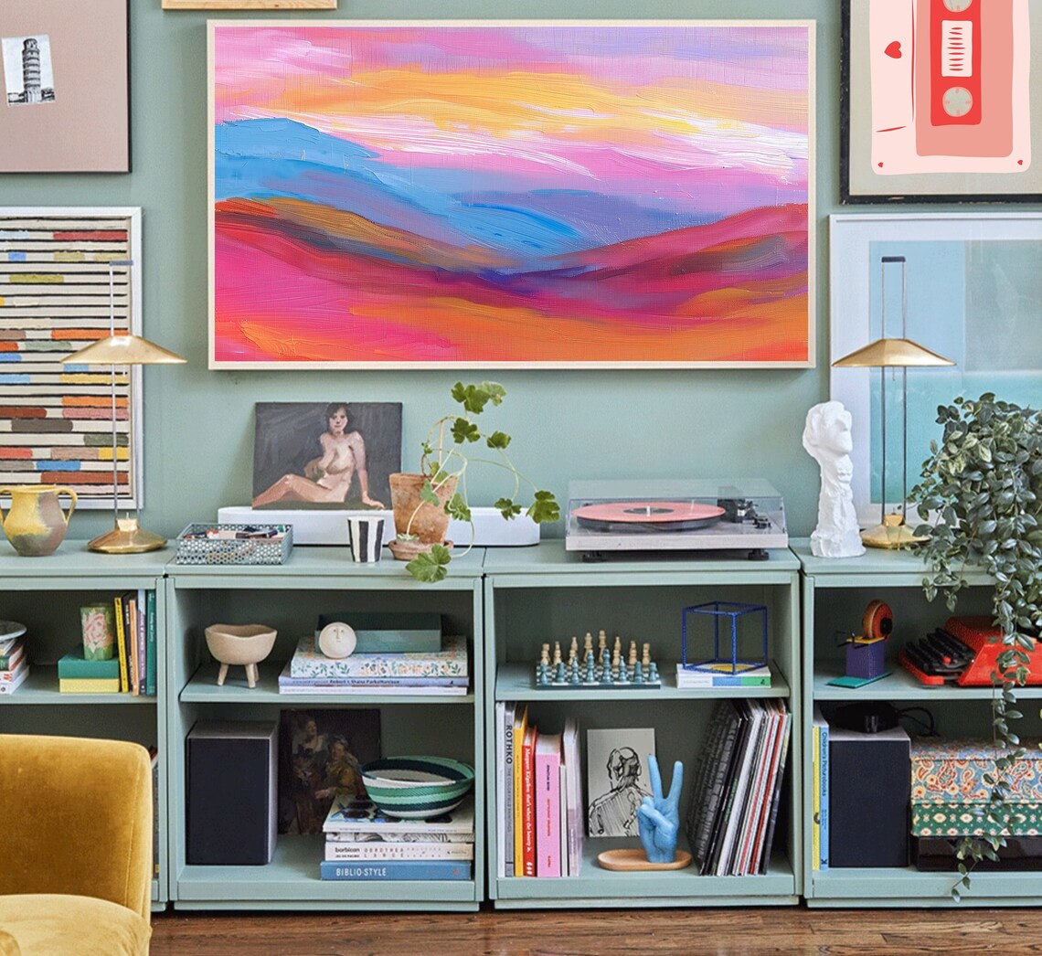 Vibrant Abstract Sunset Landscape Pink Orange Blue Brushstroke Wall Art - Image 4