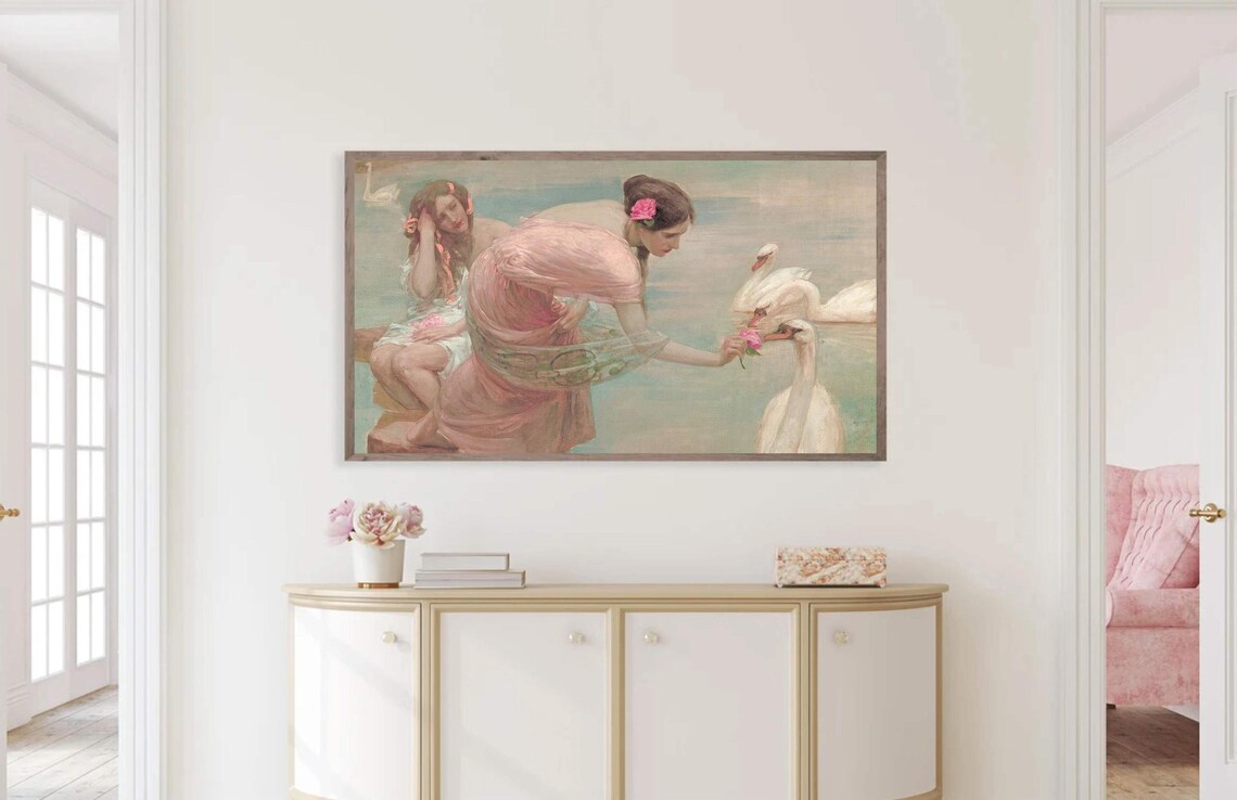 Vintage Women With Swans Feeding Rose Whimsical Swan Painting Poster - Image 3