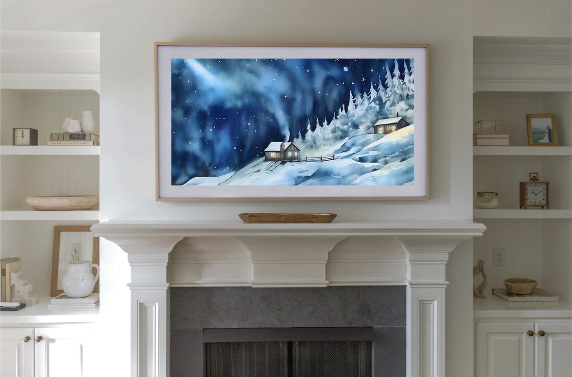 Snowy Cabin Night Sky Aurora Watercolor Art Print - Image 2