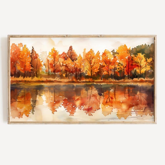 Autumn Lake Watercolor Fall Leaves Art Print