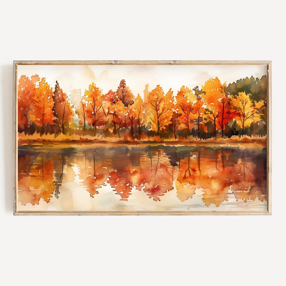 Autumn Lake Watercolor Fall Leaves Art Print