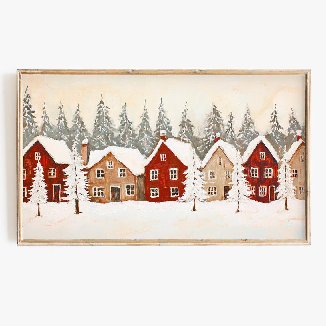 Rustic Red Christmas Houses Snowy Village Winter Landscape Poster