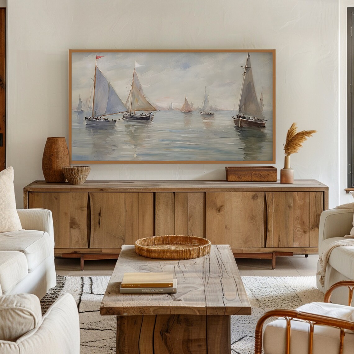 Vintage Sailboat Lake Art Print, Soft Neutral Tones - Image 3