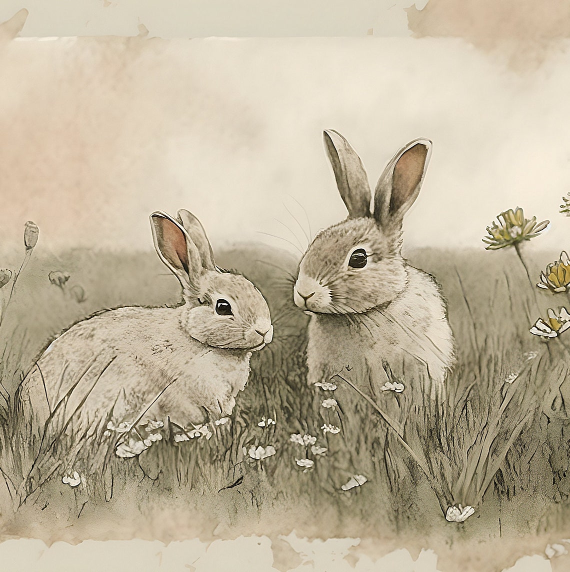Watercolor Bunnies In Wildflowers Neutral Sketch Easter Art Poster - Image 3