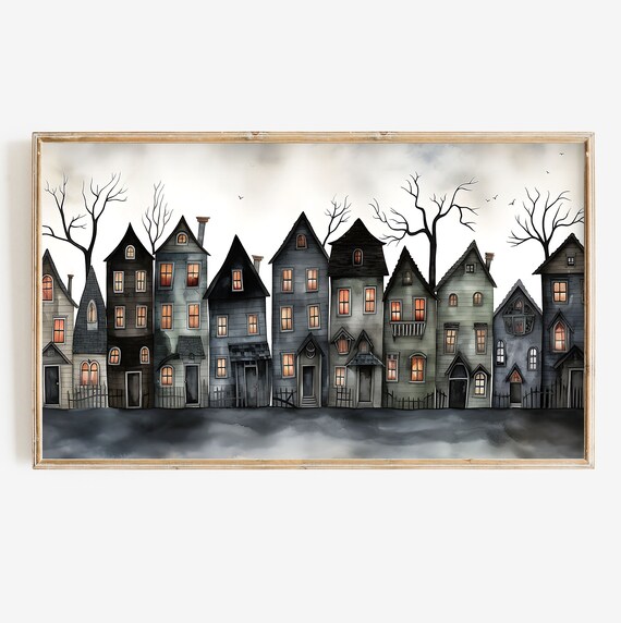 Whimsical Haunted Houses Row Glowing Windows Spooky Night Poster