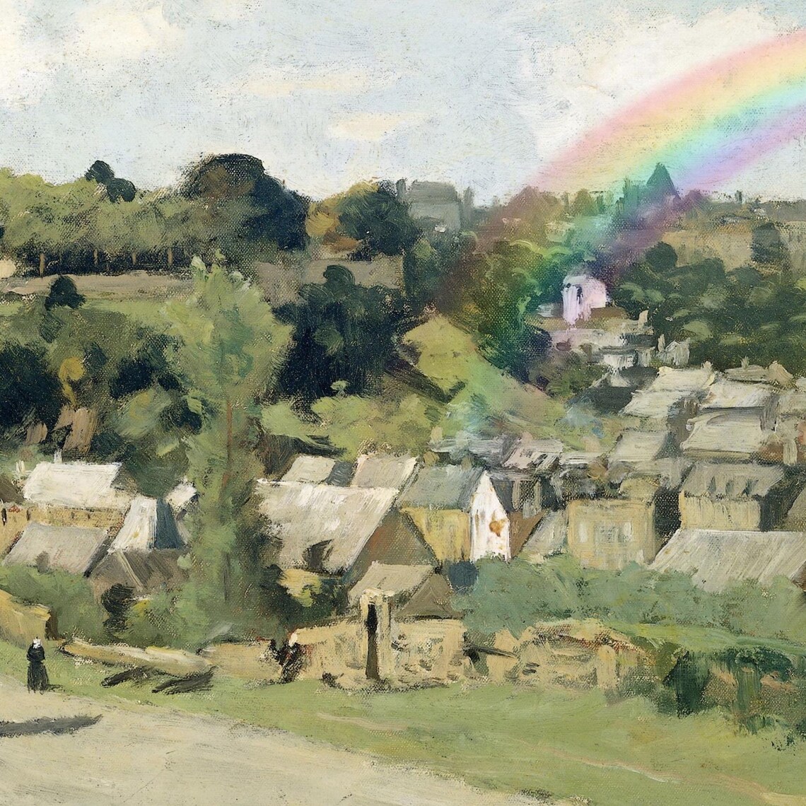 Vintage European Village Hillside Rainbow Landscape Oil Painting Poster - Image 3
