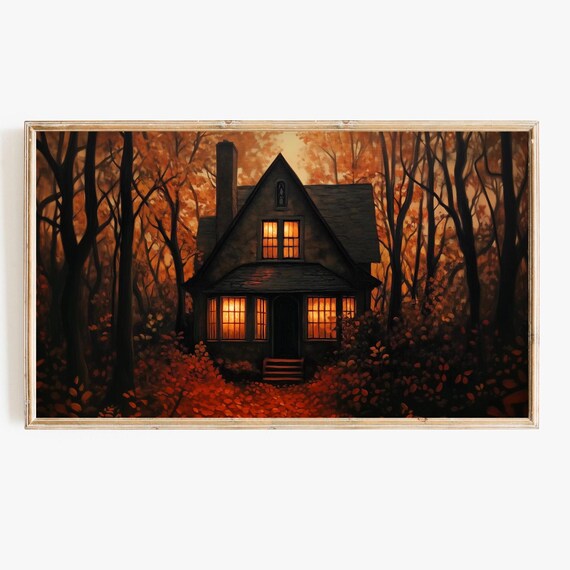 Haunted Cottage With Glowing Windows Autumn Woods Fall Night Poster