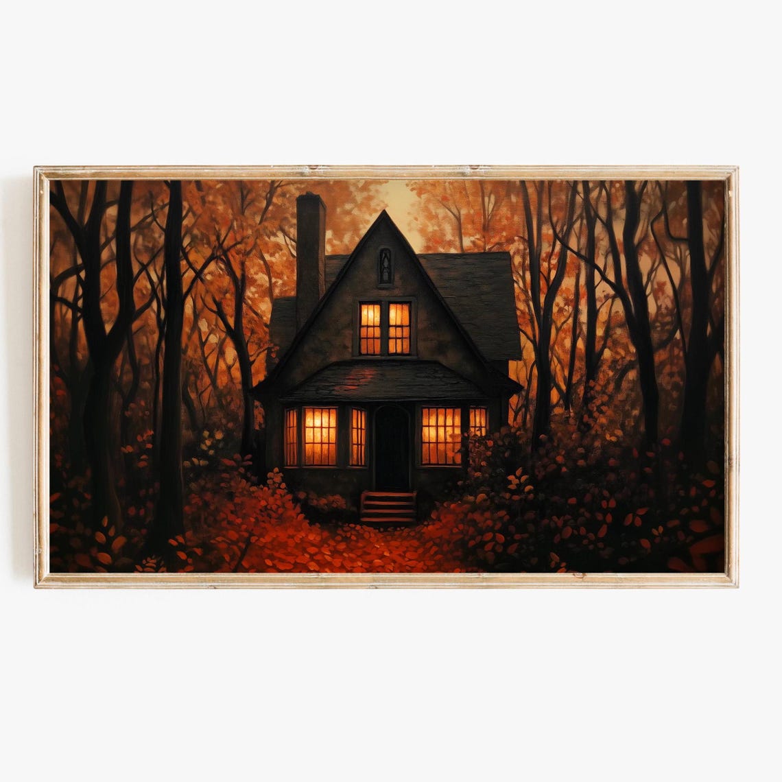 Haunted Cottage With Glowing Windows Autumn Woods Fall Night Poster