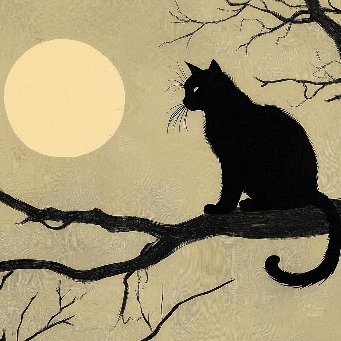 Black Cat Silhouette On Bare Branch Full Moon Vintage Halloween Poster - Image 2