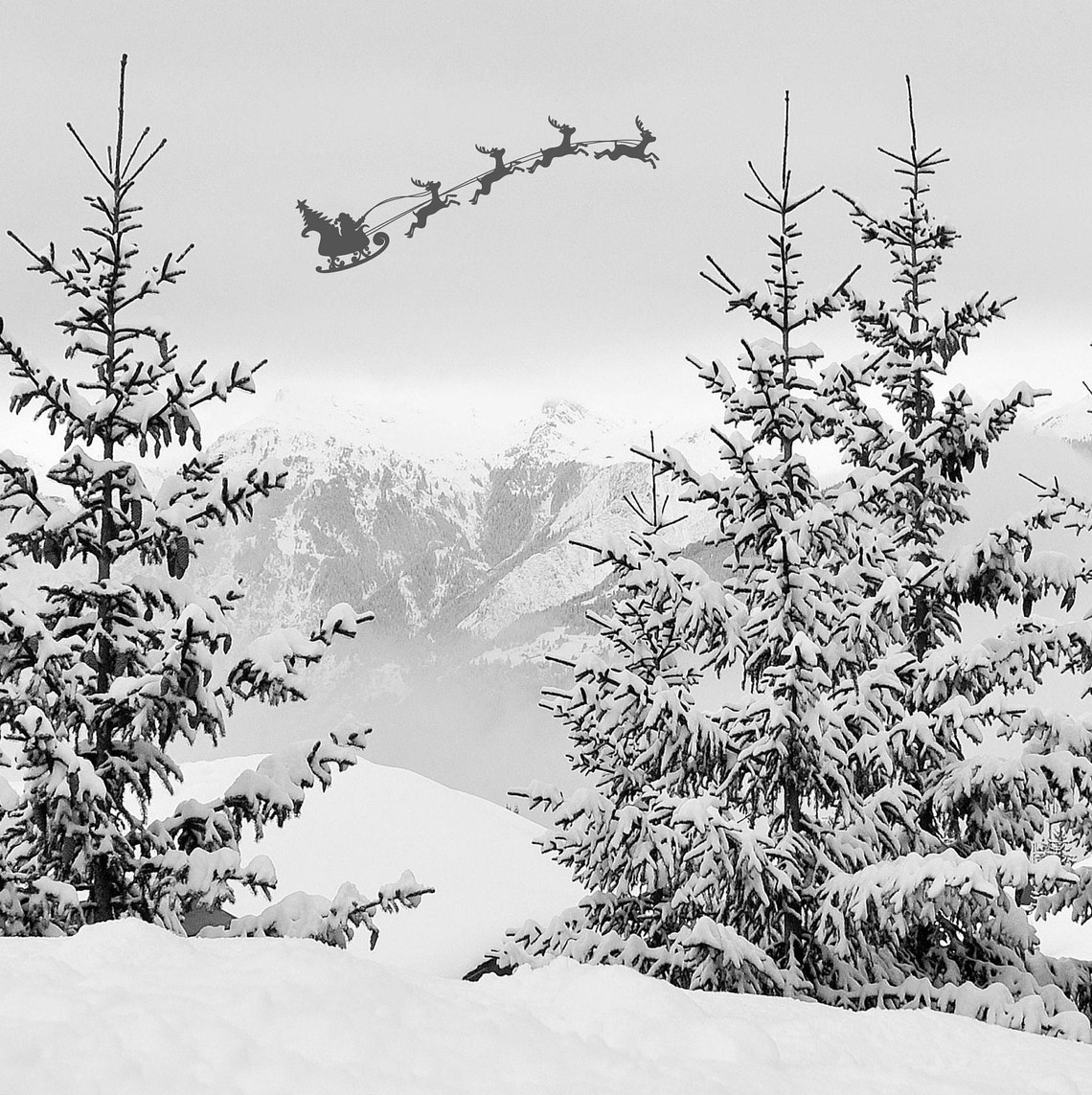 Black White Christmas Santa Sleigh Snowy Pine Forest Art Poster - Image 2