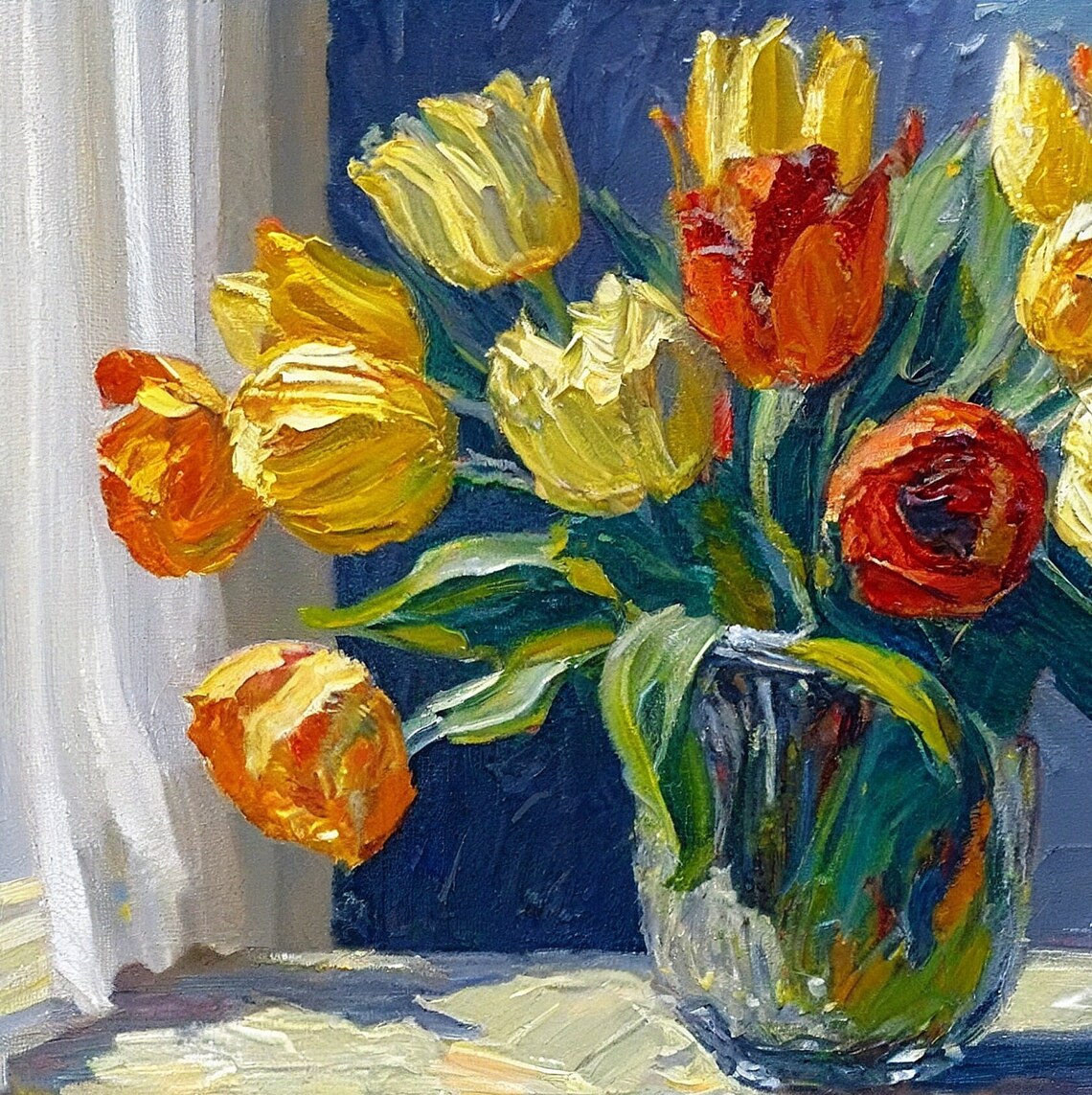 Impressionist Tulip Bouquet In Glass Vase Yellow Orange Blue Wall Poster - Image 3