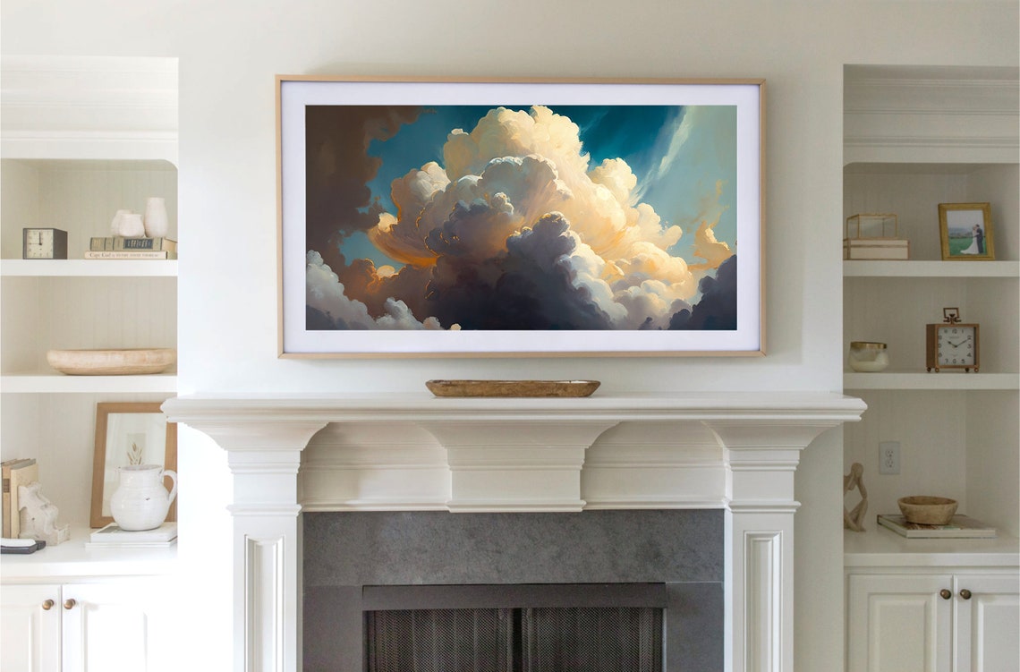 Dramatic Billowing Clouds In Golden Blue Sky Moody Cloud Wall Art - Image 3