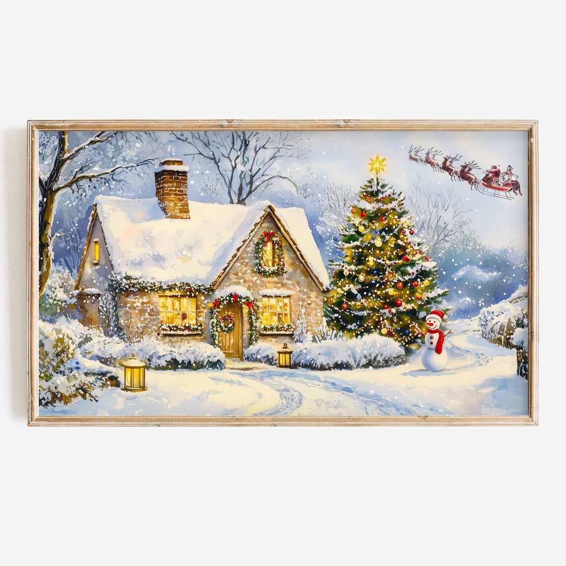 Cozy Christmas Cottage Snowy Village Tree Santa Sleigh Holiday Poster