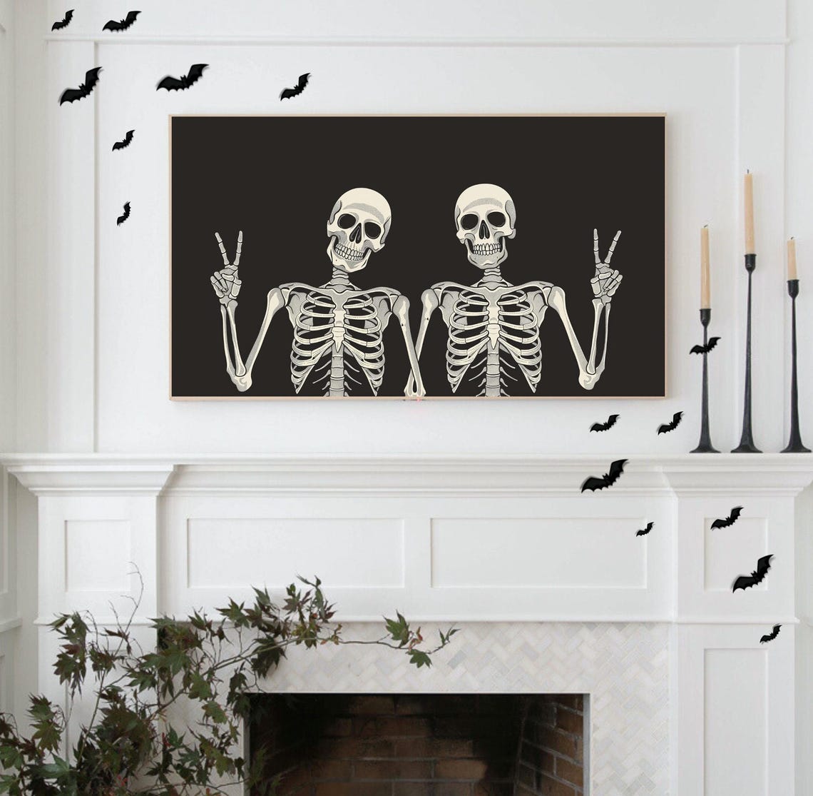Two Skeletons Peace Signs Black White Minimalist Halloween Poster - Image 3