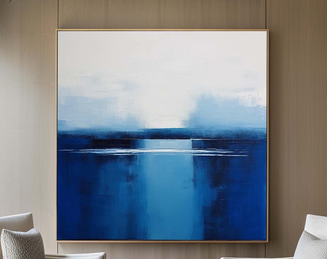 Cobalt Blue White Abstract Painting Square Minimalist Modern Wall Art