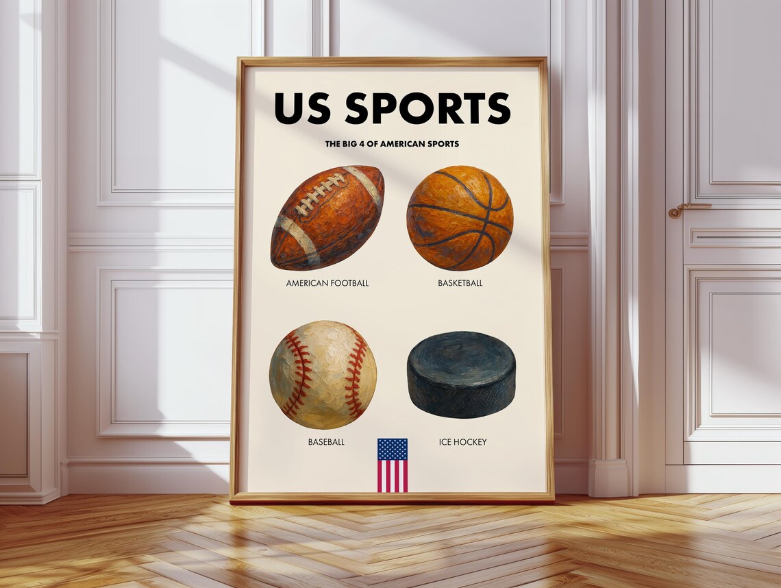 US Sports Poster, Football Basketball Baseball Hockey