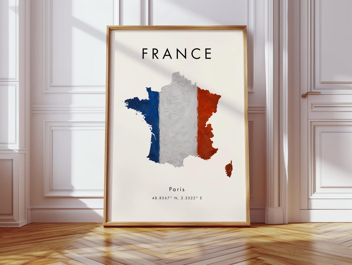 France Map Tricolor Brushstroke Paris Coordinates Modern Art Print