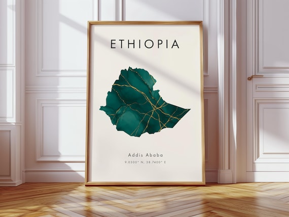 Ethiopia Map Poster Green And Gold Africa Wall Art Print Home Decor Geography Gift Wallpaper
