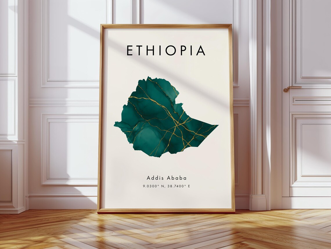 Ethiopia Map Poster Green Gold Watercolor Addis Ababa Coordinates Artwork