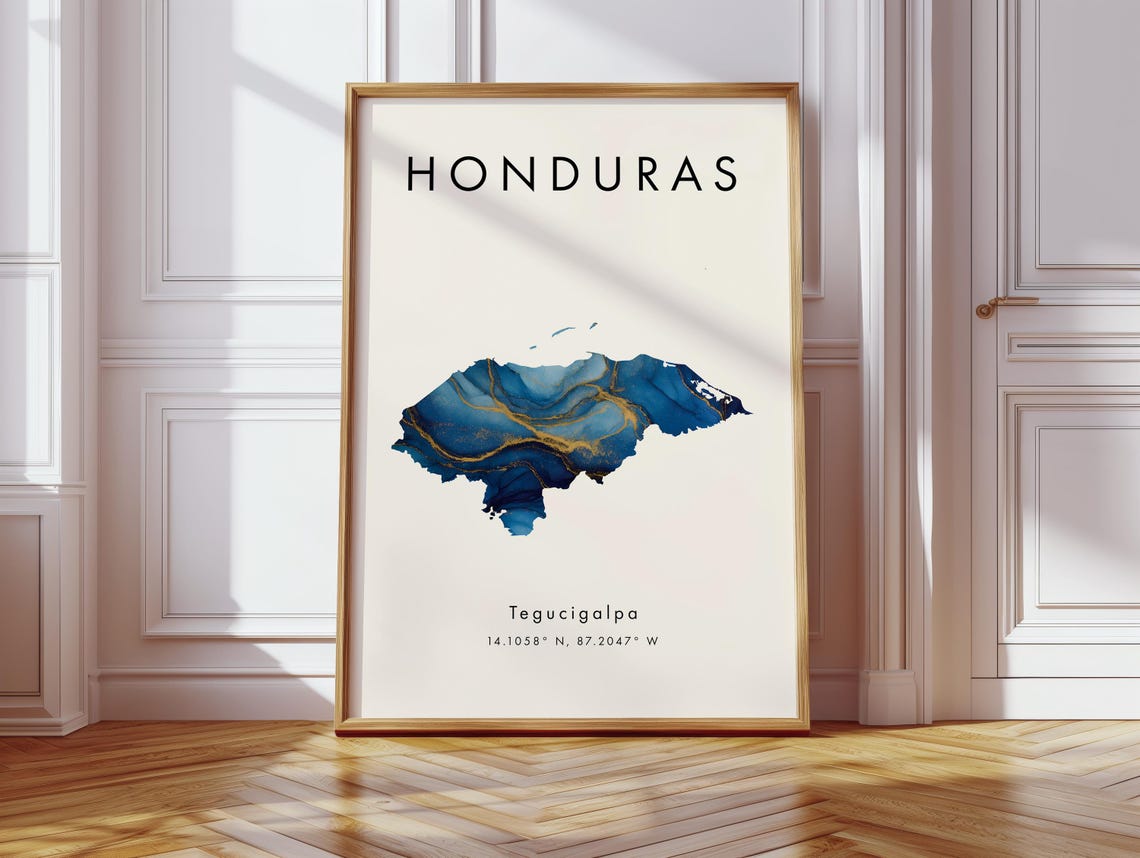 Honduras Map Blue Marble Gold Capital City Coordinates Travel Poster