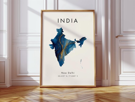 India Map Poster Blue And Gold Asia Wall Art Print Home Decor Geography Gift Wallpaper