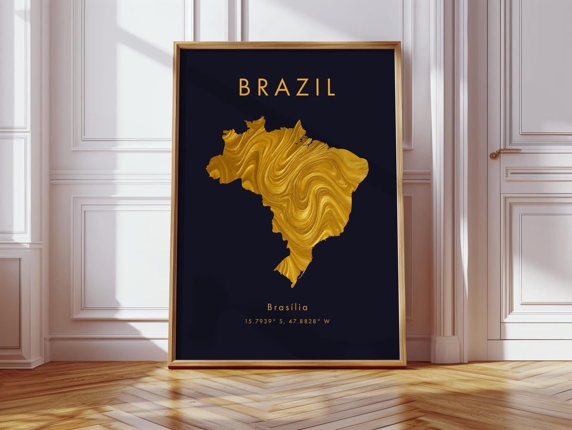 Brazil Gold Marble Country Map on Black Background Art Poster