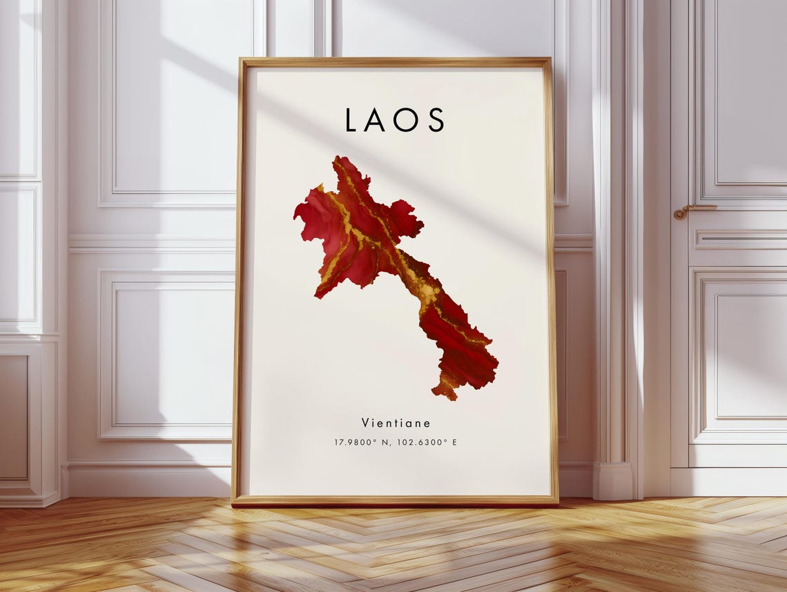Laos Map Watercolor Red And Gold Geography Art Vientiane Poster