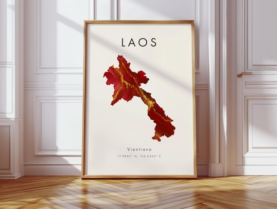 Laos Map Poster Red And Gold Asia Geography Gift Wallpaper