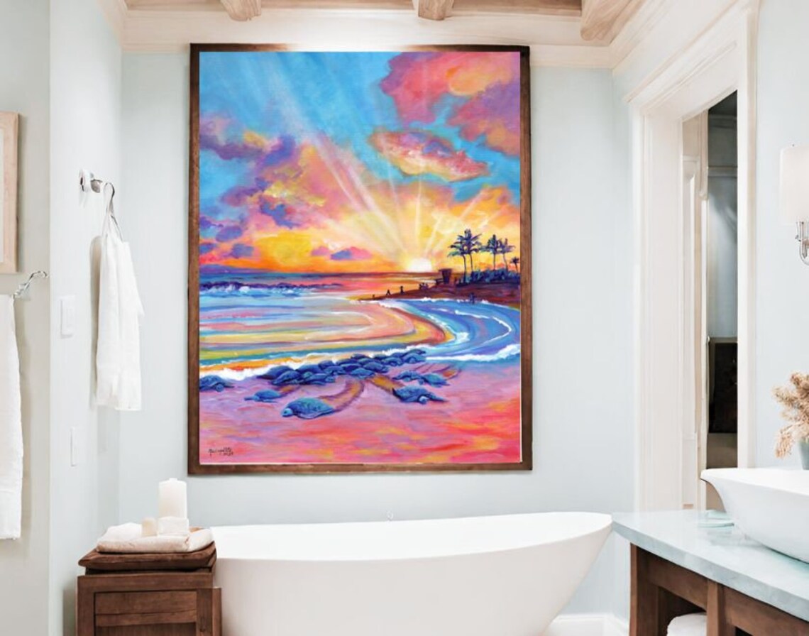 Poipu Turtles at Sunset, Hawaii Ocean Travel Poster