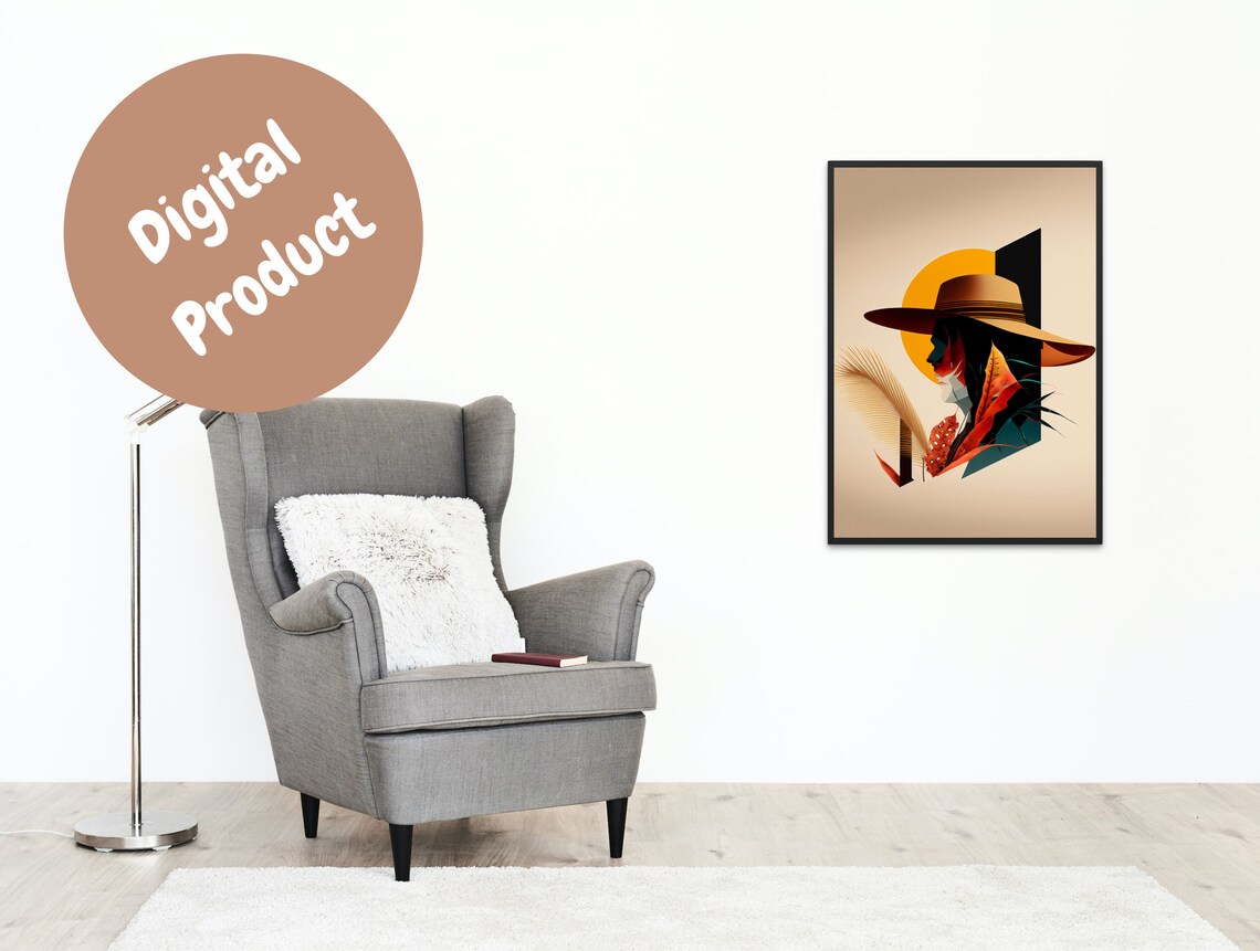 Boho Abstract Woman Portrait in Wide Brim Hat With Sun Poster - Image 4
