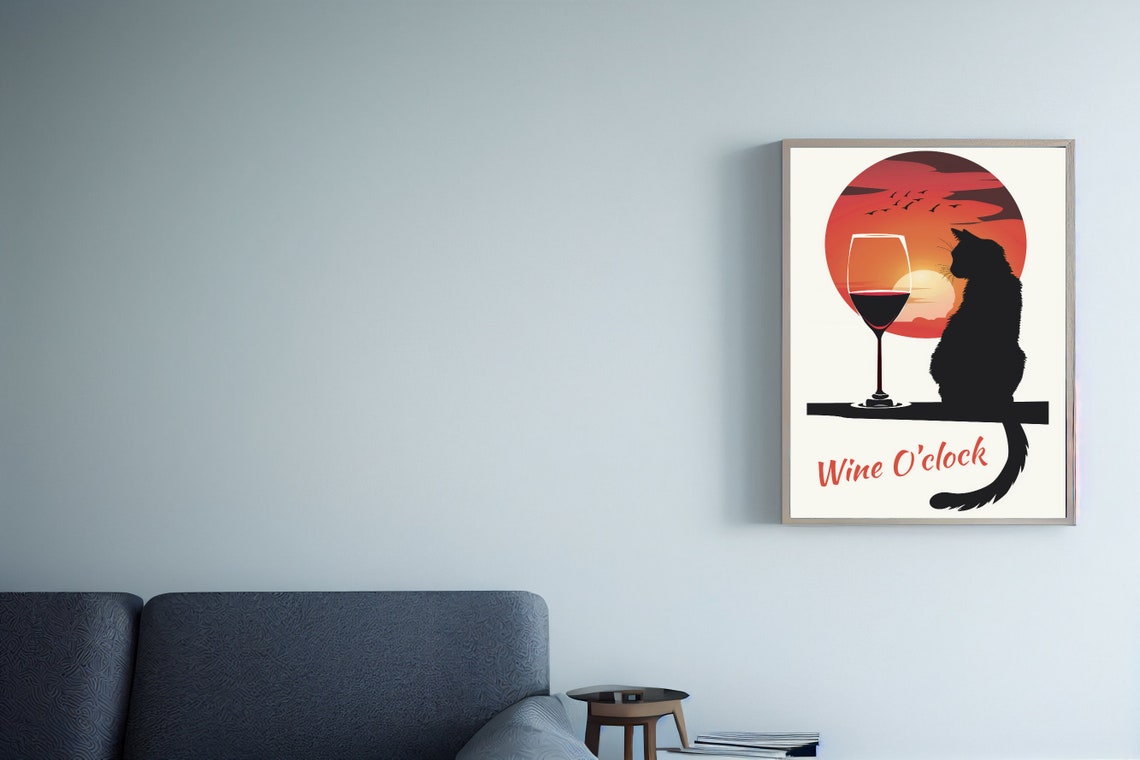 Wine O'clock Black Cat Wine Glass Silhouette Sunset Funny Poster - Image 2