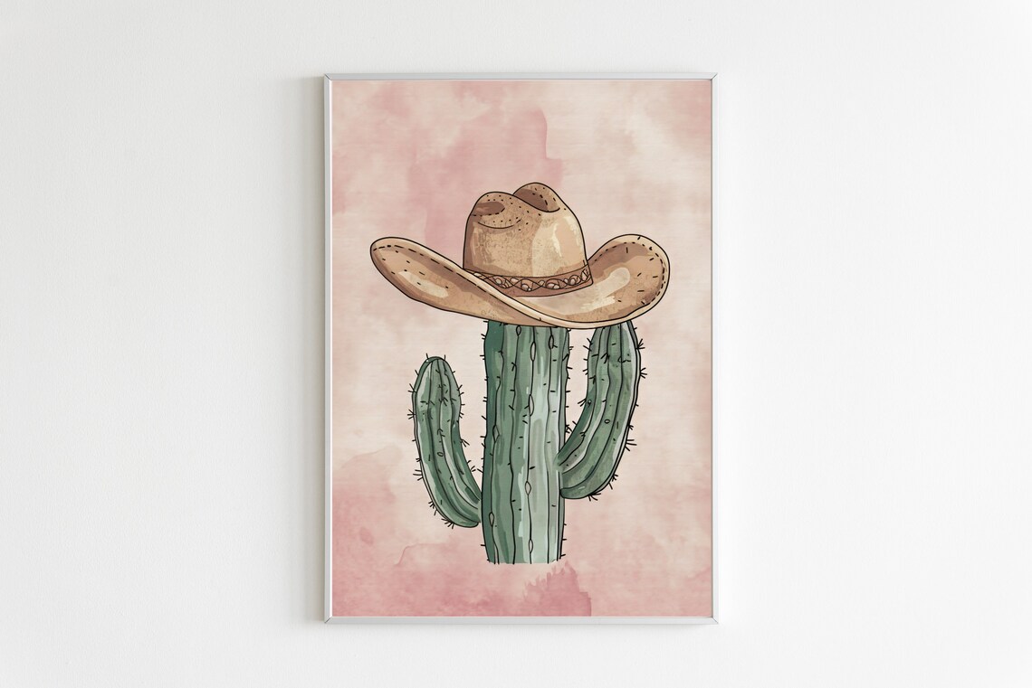 Cactus Wearing Cowboy Hat Pink Western Boho Desert Decor Poster