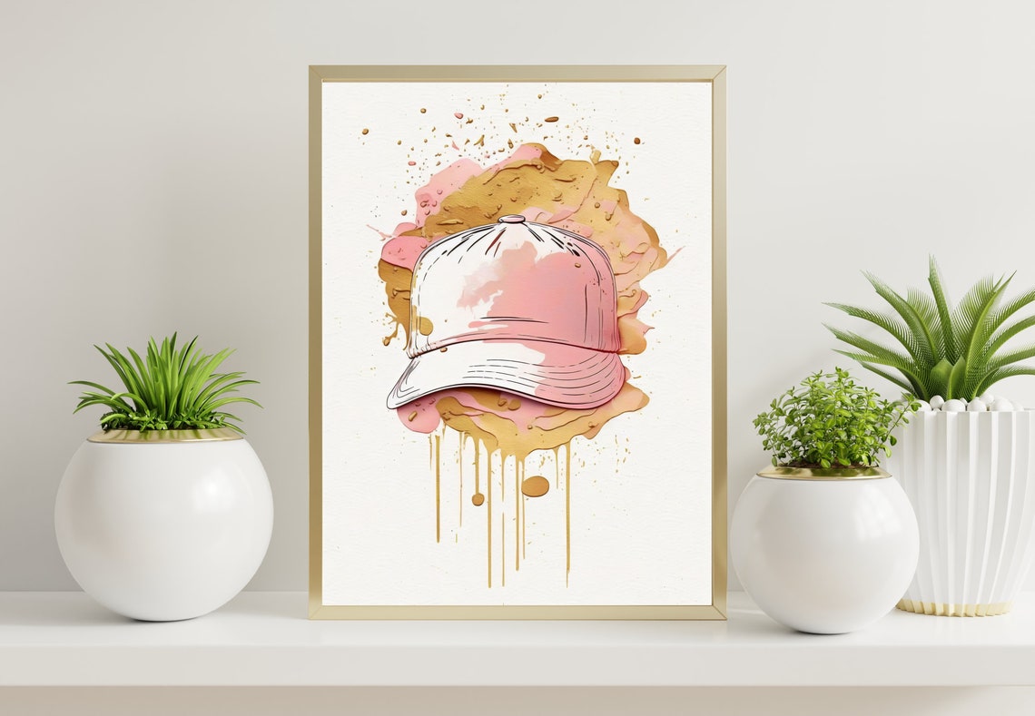 Pink Watercolor Baseball Cap Gold Splatter Preppy Sport Poster - Image 2