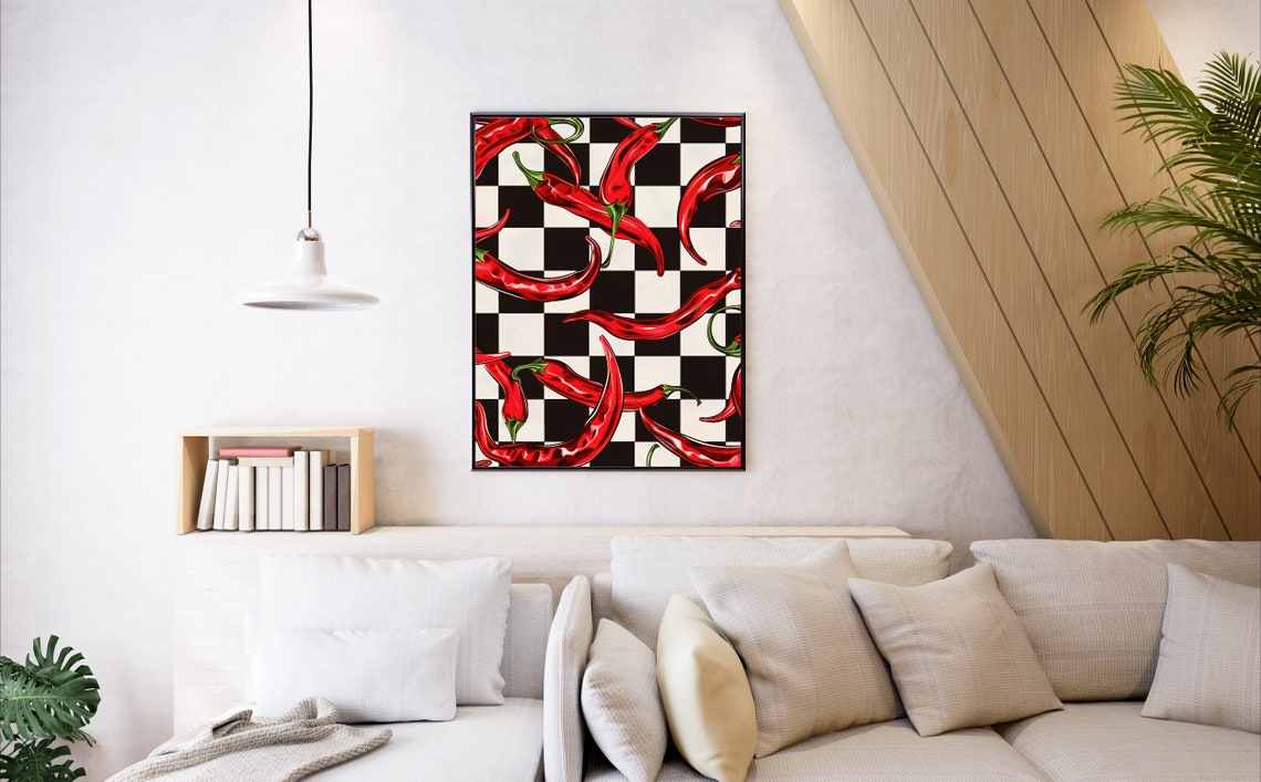 Red Chilli Peppers Checkered Background Maximalist Kitchen Poster - Image 3