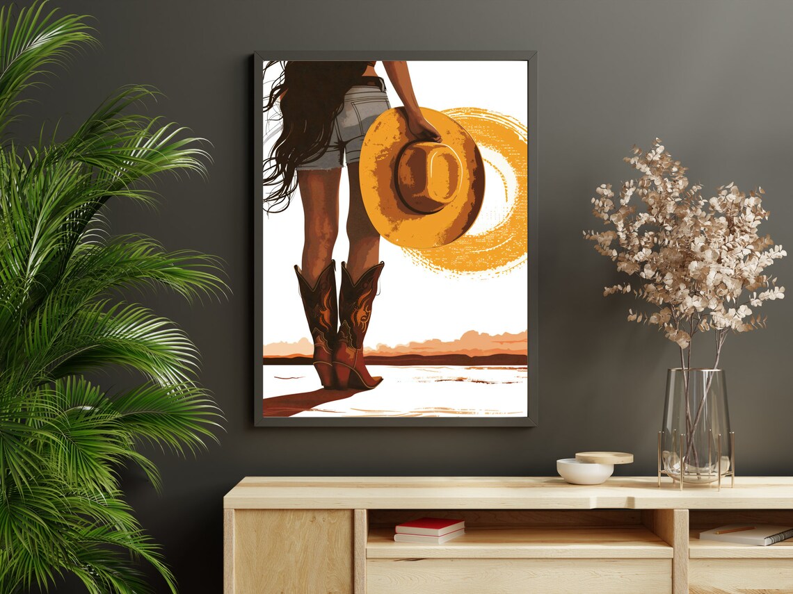 Coastal Cowgirl Boots Denim Hat Western Sunset Travel Poster - Image 2