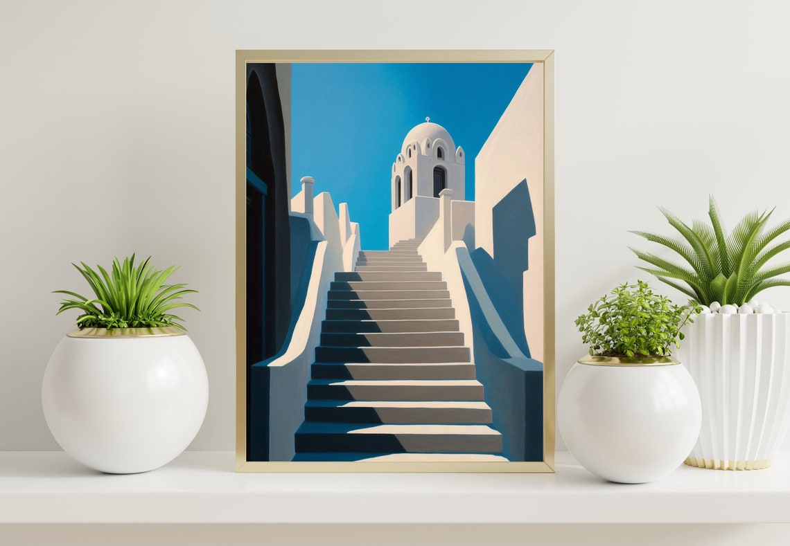 Santorini White Steps Climbing Toward a Blue Dome Church Poster - Image 3
