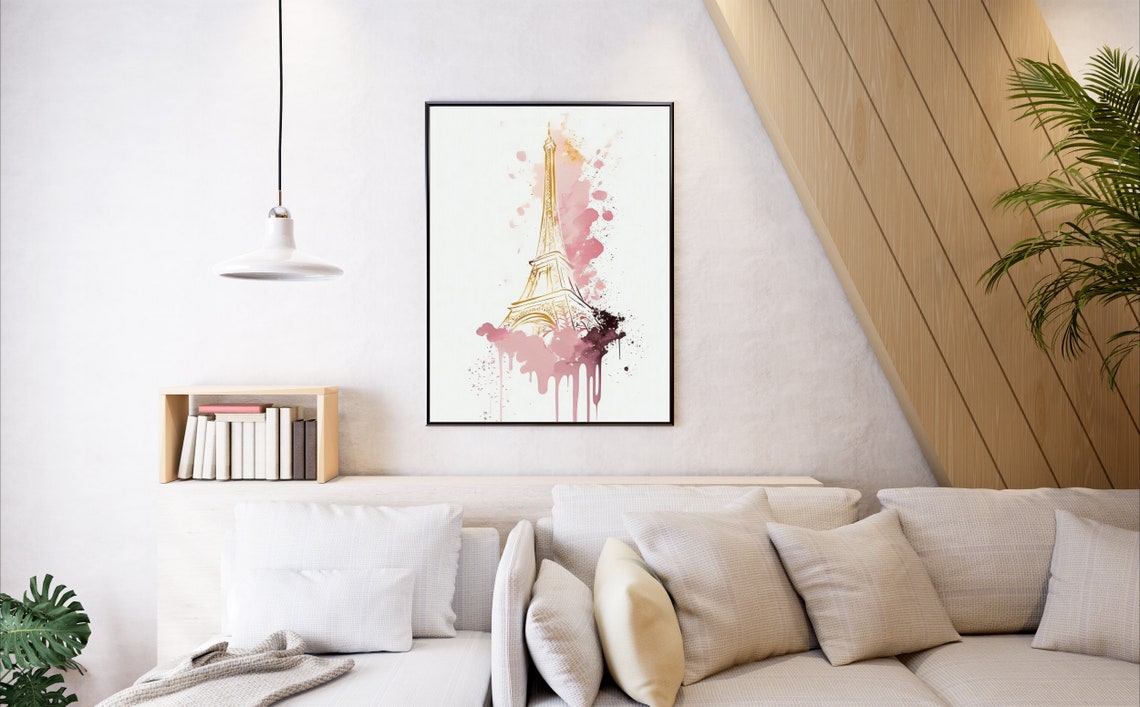 Pink Watercolor Eiffel Tower Paris Gold Romantic France Poster - Image 3