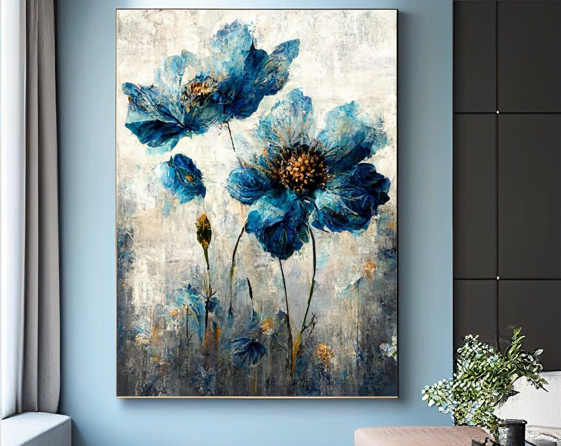 Blue Flower Botanical Wall Art Print, Modern Bedroom Decor