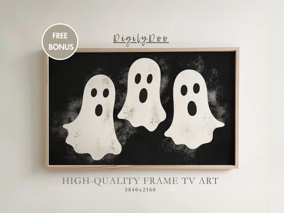 Halloween Frame Tv Art Three Cute White Ghosts Painting Dark Wallpaper Decor Spooky Autumn Ghost Frame Tv Screensaver